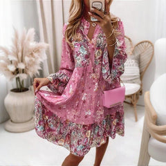 Women's Round Neck Button Front Floral Print Dress - Spring Summer Patchwork Midi Dress