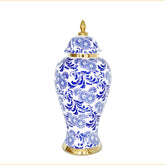 14"H White Ceramic Ginger Jar Vase with Blue & Gold Accents and Removable Lid