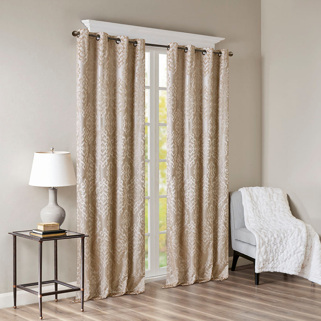 Knitted Jacquard Damask Total Blackout Grommet Top Curtain Panel Pair - Champagne