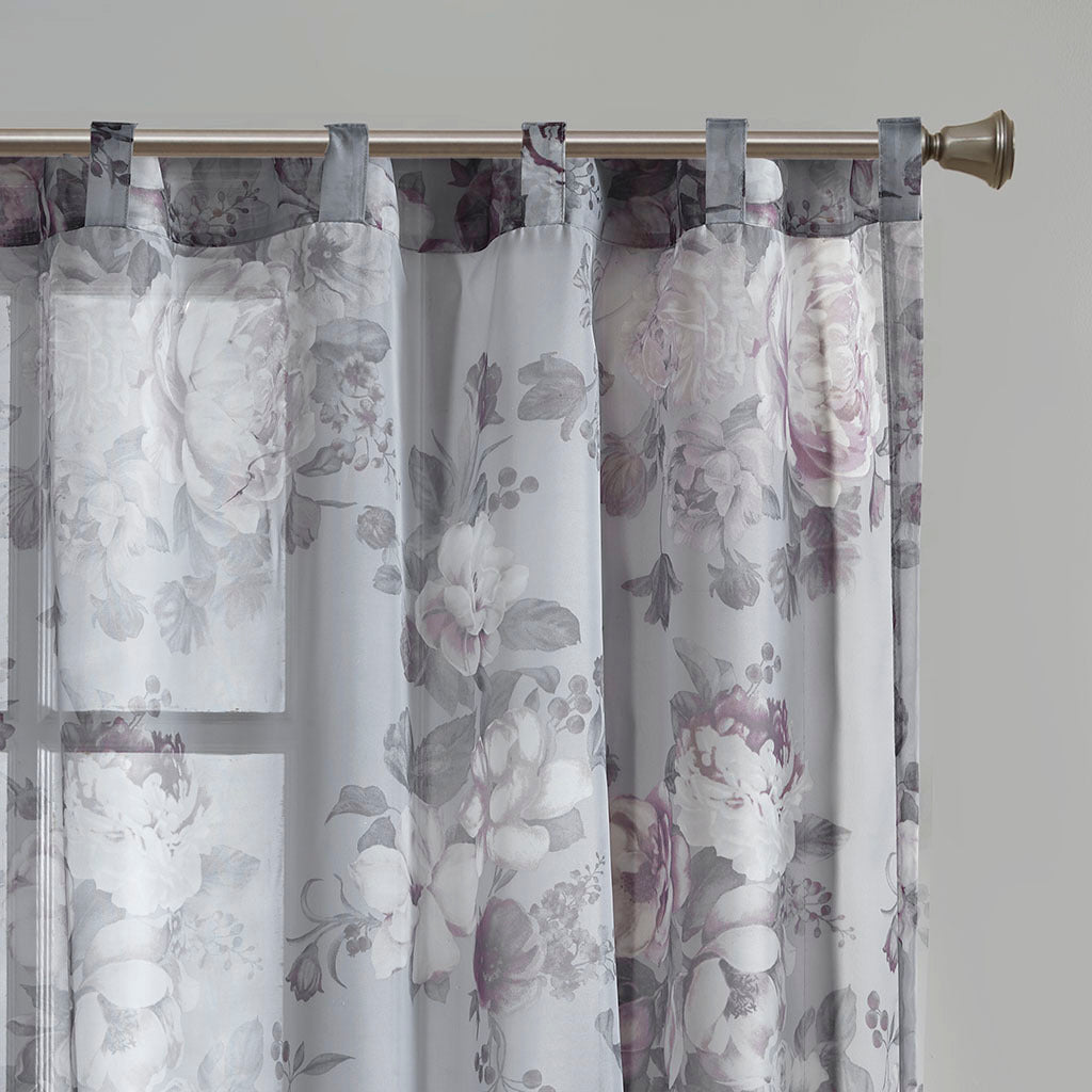 Printed Floral Rod Pocket and Back Tab Voile Sheer Curtain - Grey