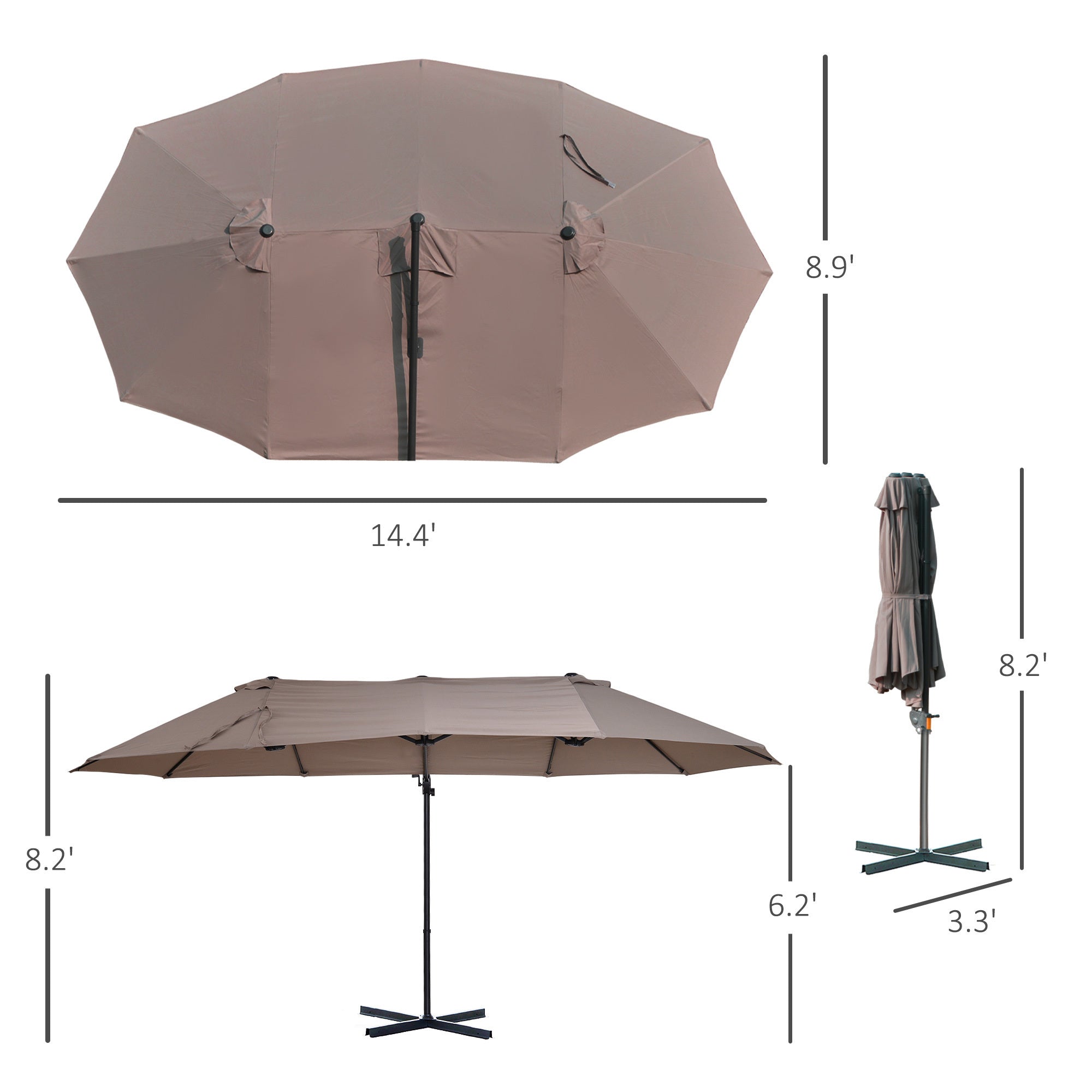 14ft Patio Umbrella Double-Sided Outdoor Market Extra Large Umbrella with Crank, Cross Base for Deck, Lawn, Backyard and Pool - Brown