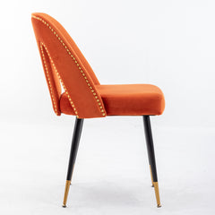 Contemporary Velvet Upholstered Dining Chair with Nailheads and Gold Tipped Black Metal Legs (Set of 2) - Orange