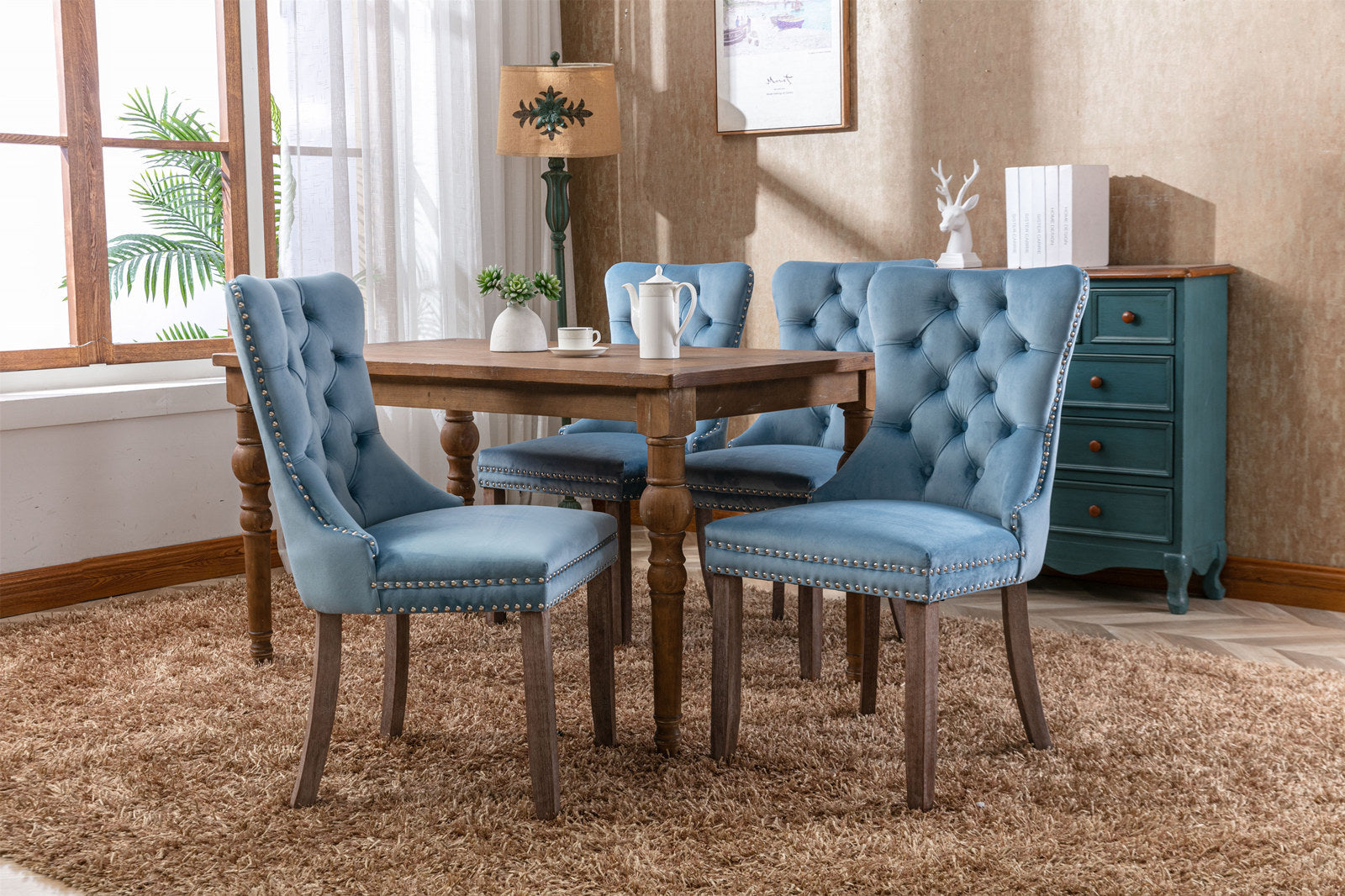 High-end Tufted Solid Wood Contemporary Velvet Upholstered Dining Chair with Wood Legs Nailhead Trim 2-Pcs Set, Light Blue