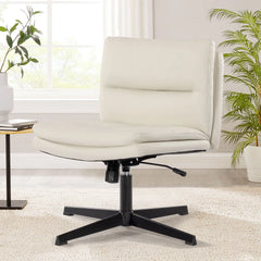 PU Leather Armless Office Desk Chair No Wheels, Home Office Chair, Wide Padded Swivel Vanity Chair,120Rocking Mid Back Ergonomic Computer Task Chair for Make Up