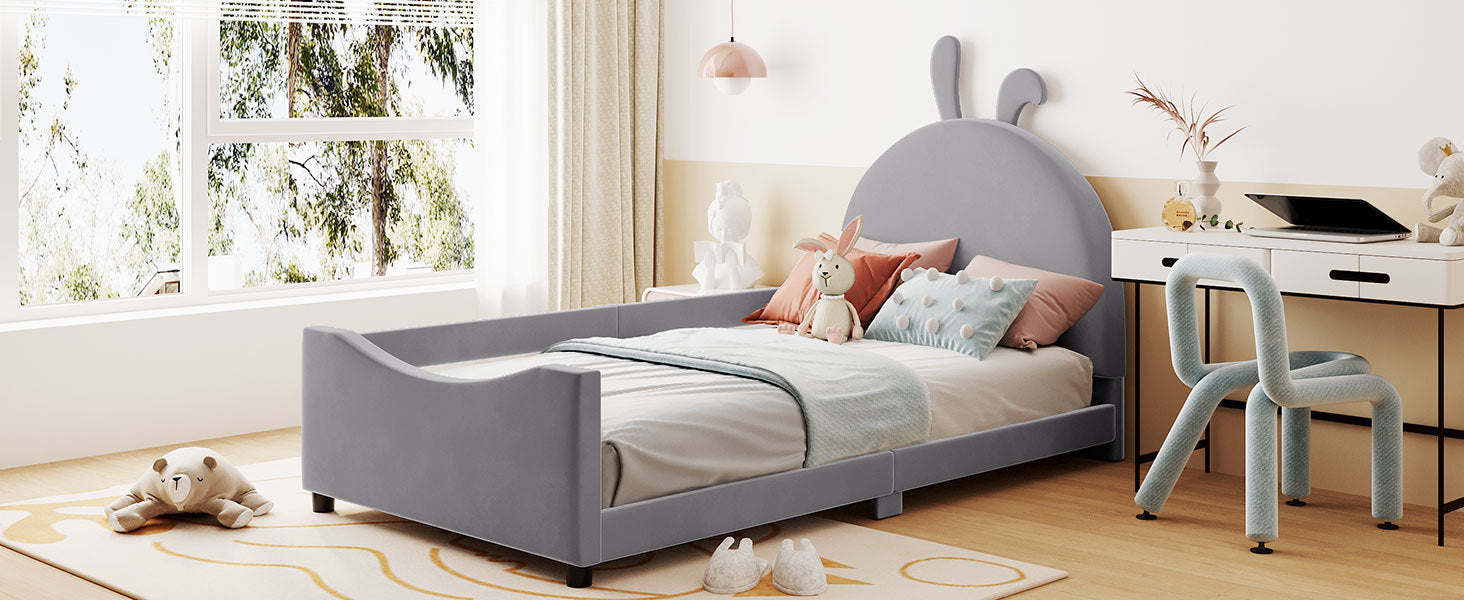 Twin Size Upholstered Daybed with Rabbit Ear Shaped Headboard - Gray