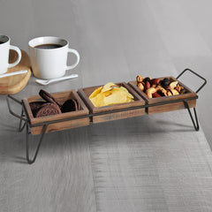 Artisinal Wood Serving Tray, 3 Seperate Sections and Metal Frame, Brown/ Black