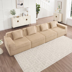 Modular 4 Seat Boneless Sofa, Cloud Sectional Couch with Deep Seat, Modern Modular 4-Seat Sofa Couch with Throw Pillows Corduroy Fabric Camel