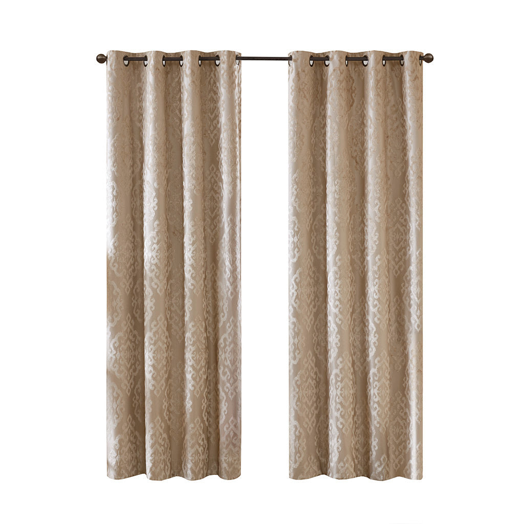 Knitted Jacquard Damask Total Blackout Grommet Top Curtain Panel Pair - Champagne