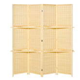 4-Panel Folding Room Divider, 6 Ft Freestanding Bamboo Privacy Screen Panel with Storage Shelves for Bedroom or Office, Natural Wood Color