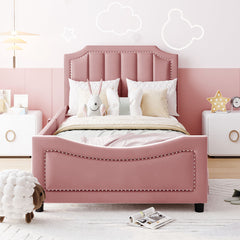 Twin Size Upholstered Daybed with Classic Stripe Shaped Headboard - Pink