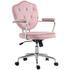 Cute Home Office Chair, Computer Desk Chair with Button Tufted Velvet-Feel Fabric, Swivel Vanity Chair, Pink