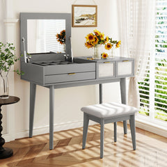 43.3" Classic Wood Makeup Vanity Set with Flip-top Mirror, Stool and storage space - Grey
