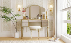 43" Makeup Vanity Set With Mirrored Drawers And Stool - Gold