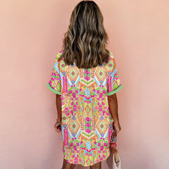 Women's Loose Fit Geometric Print Short Sleeve Dress - Casual Summer Button Front Dress, Comfortable & Stylish