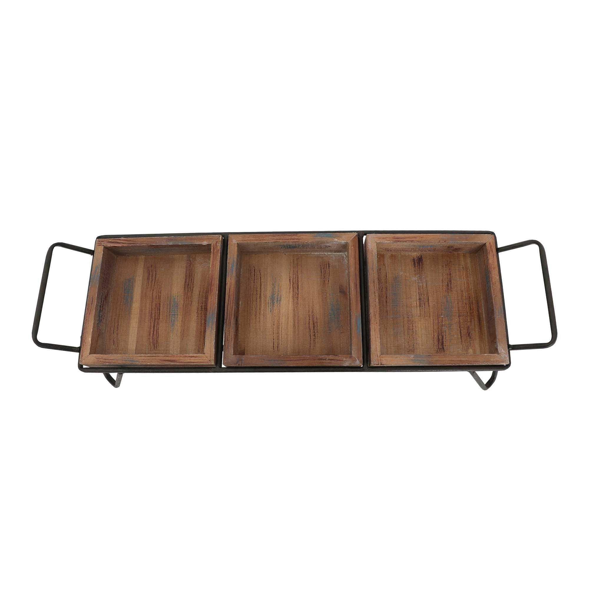 Artisinal Wood Serving Tray, 3 Seperate Sections and Metal Frame, Brown/ Black