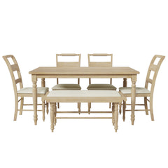 Retro Style 6-piece Dining Set with Dining Chairs and Bench - Natural