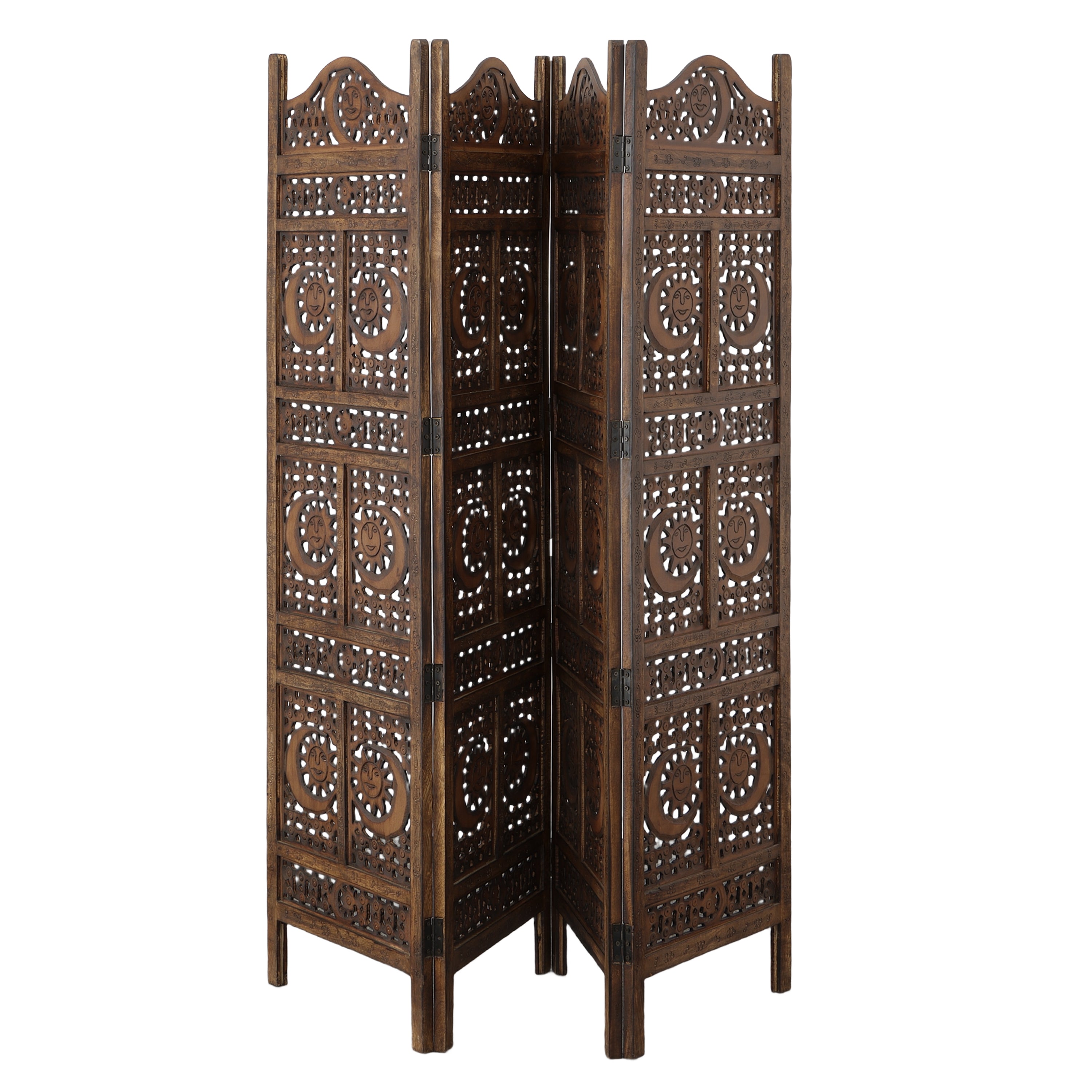 Hand Carved Sun And Moon Design Foldable 4 Panel Wooden Room Divider - Brown