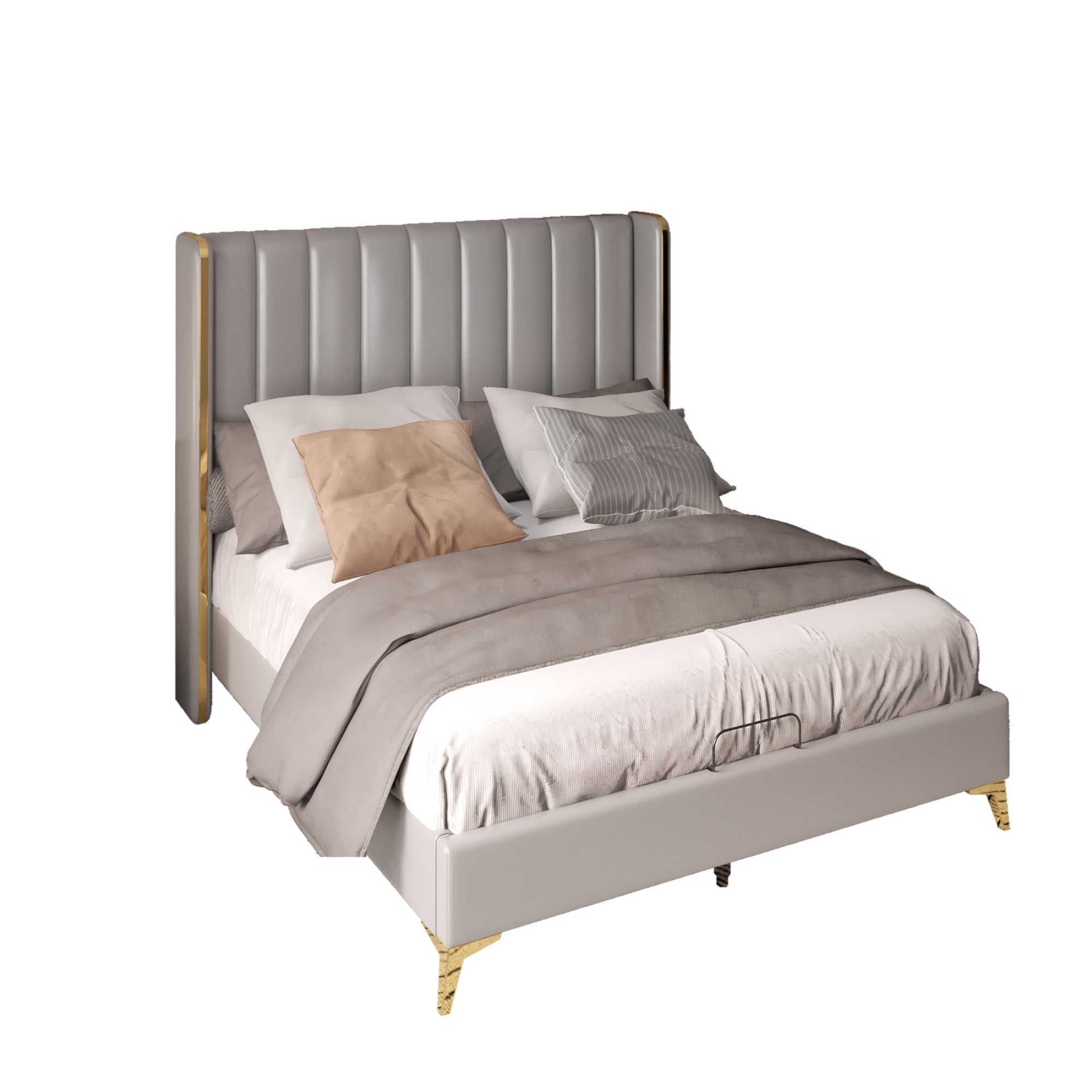 56" Tall Headboard Channel Tufted Upholstered Platform Bed with Thickening Pinewooden Slats and Metal Leg, Queen Size Bed Frame - Light Grey