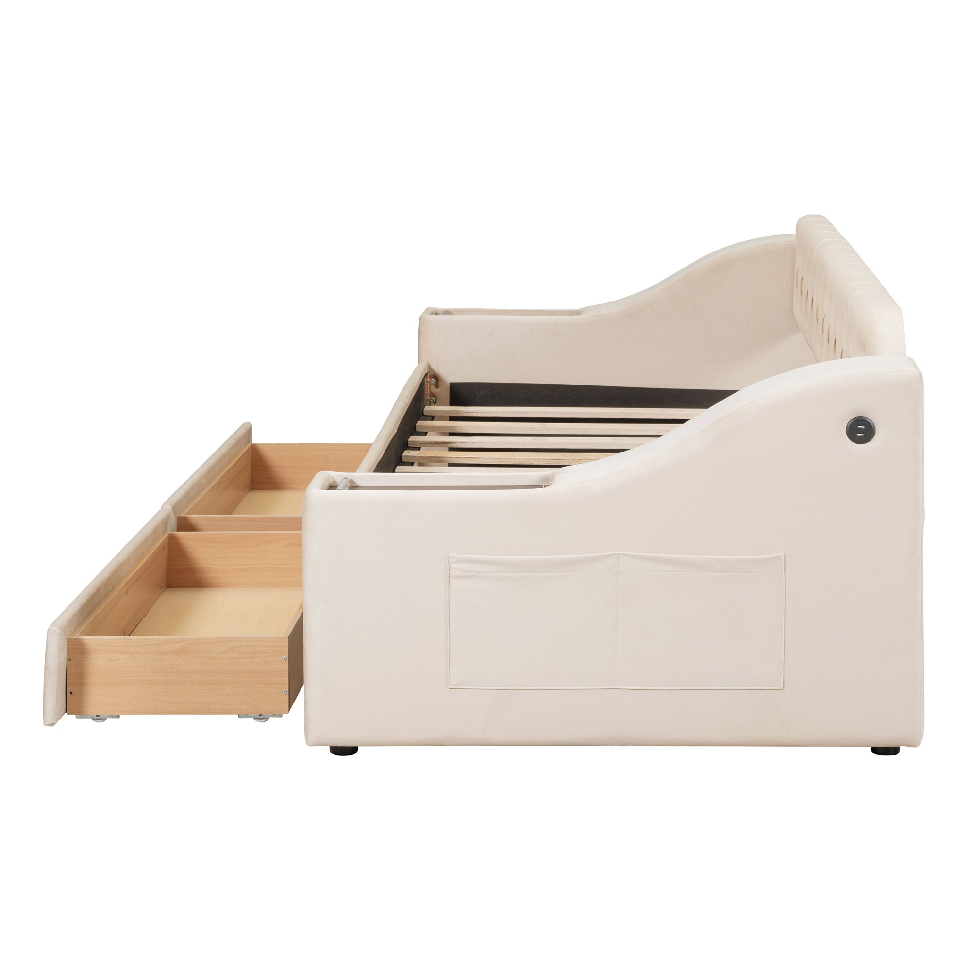 Twin Size Upholstered Daybed with Storage Armrests and USB Port - Beige