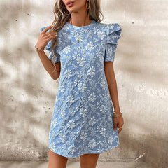 Floral Jacquard Mini Dress, Puff Sleeve, Crew Neck, Light Blue