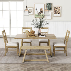 Farmhouse 6-Piece Dining Table Set with Cross Legs, Kitchen Set with 4 Upholstered Dining Chairs and Solid Wood Bench - Natural