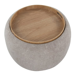 Tray Pouf Contemporary Ottoman in Natural Wood and Light Brown Fabric