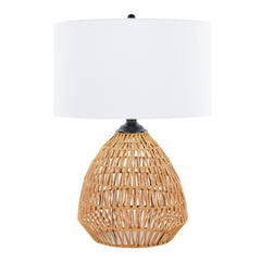 Boho 29" Contemporary Table Lamp in Natural Rope Rattan, Matte Black Metal and White Linen Shade