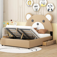Full Size Upholstery Platform Bed Frame with Cute Bear Shaped Headboard and Two Storage Drawers,Brown