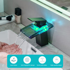 Bathroom Sink Faucet LED Light 3 Colors Changing Waterfall Glass - Black