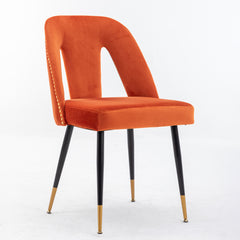 Contemporary Velvet Upholstered Dining Chair with Nailheads and Gold Tipped Black Metal Legs (Set of 2) - Orange