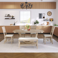 Modern Style 6-Piece Wood Half Round Dining Table Set with Long Bench and 4 Dining Chairs - Natural