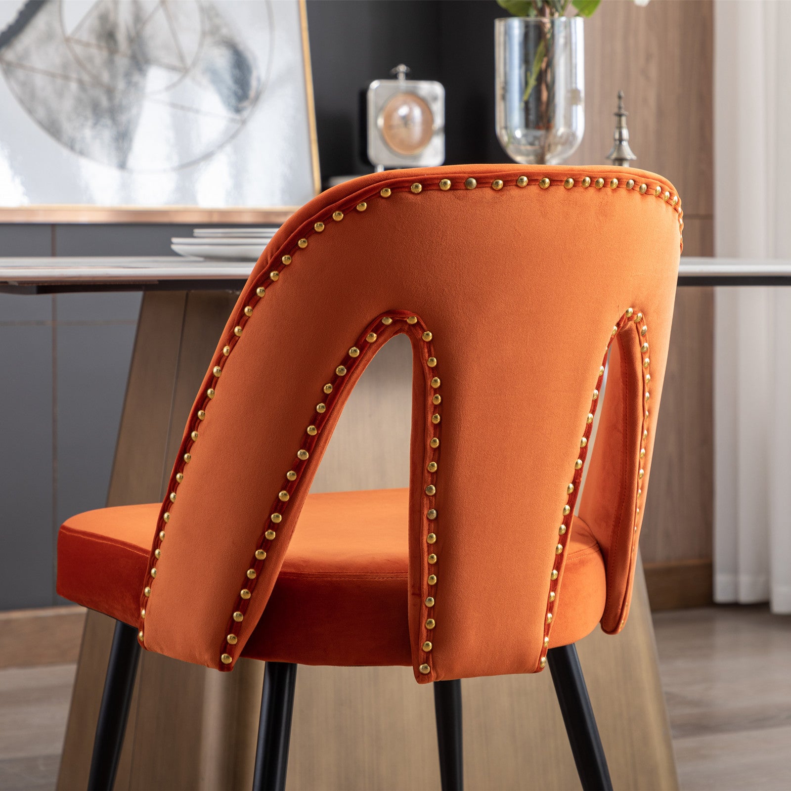 Contemporary Velvet Upholstered Dining Chair with Nailheads and Gold Tipped Black Metal Legs (Set of 2) - Orange