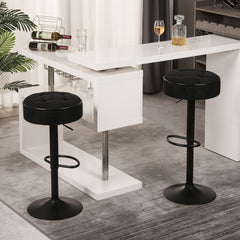 Set of 2 Round Storage Bar Stool Black Linen Height Adjustable Barstool, 360°Counter Height Swivel