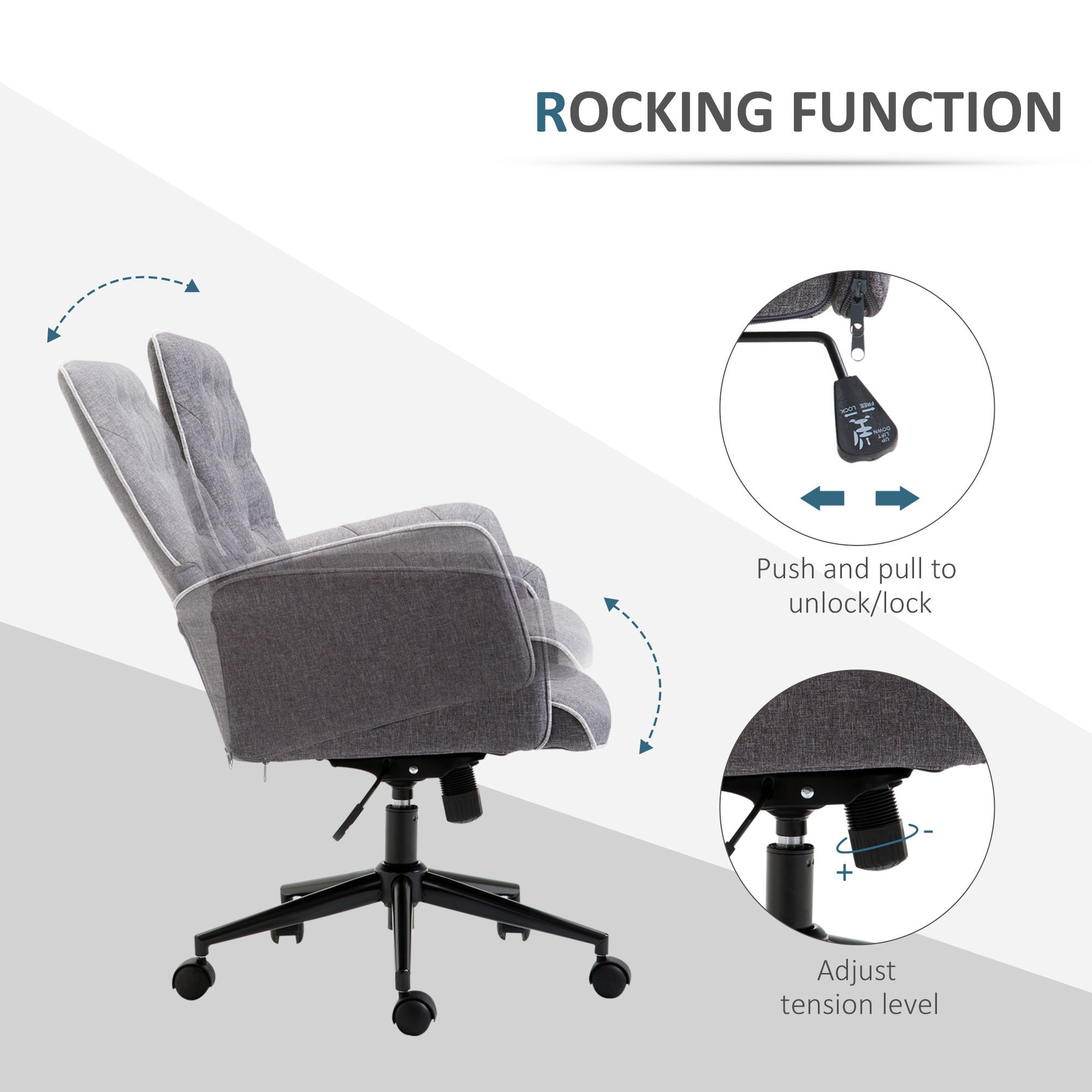 Vinsetto Linen Home Office Chair, Tufted Height Adjustable Computer Desk Chair with Swivel Wheels and Padded Armrests - Dark Gray