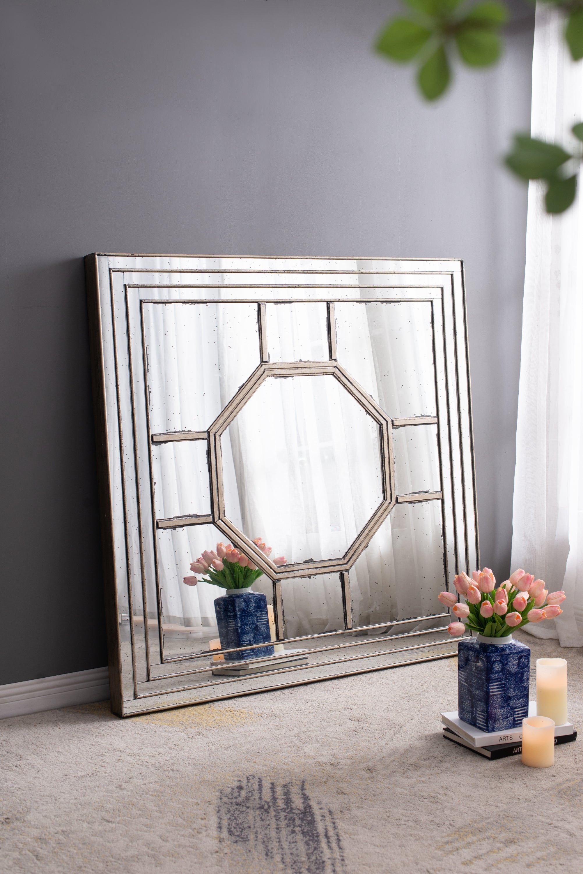 48"x48" Antique Style Decorative Square Wall Mirror with Mirrored Frame