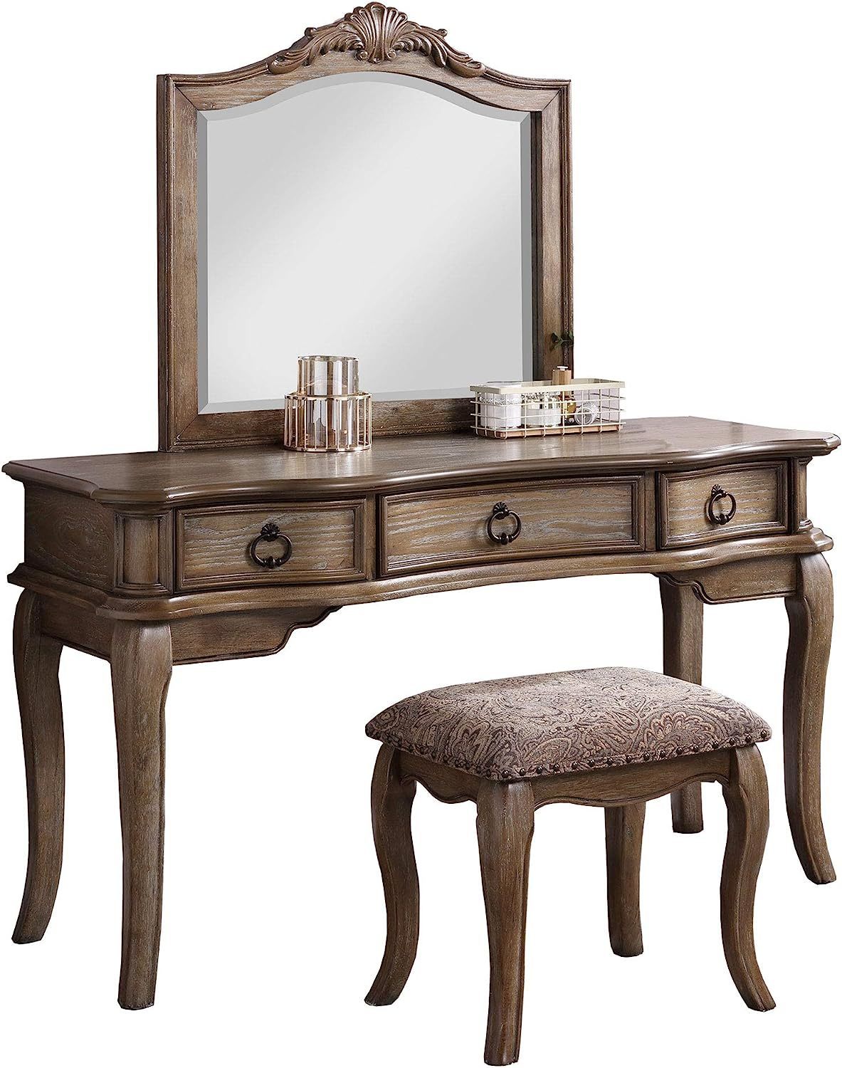 Contemporary Antique Oak Color Vanity Set with Stool Retro Style Drawers Cabriole-tapered Legs Mirror with Floral Crown Molding