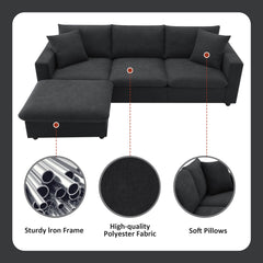 100.4x64.6" Modern Sectional Sofa, L-Shaped Couch Set With 2 Free Pillows, 4-Seat Polyester Fabric Couch Set With Convertible Ottoman - Black