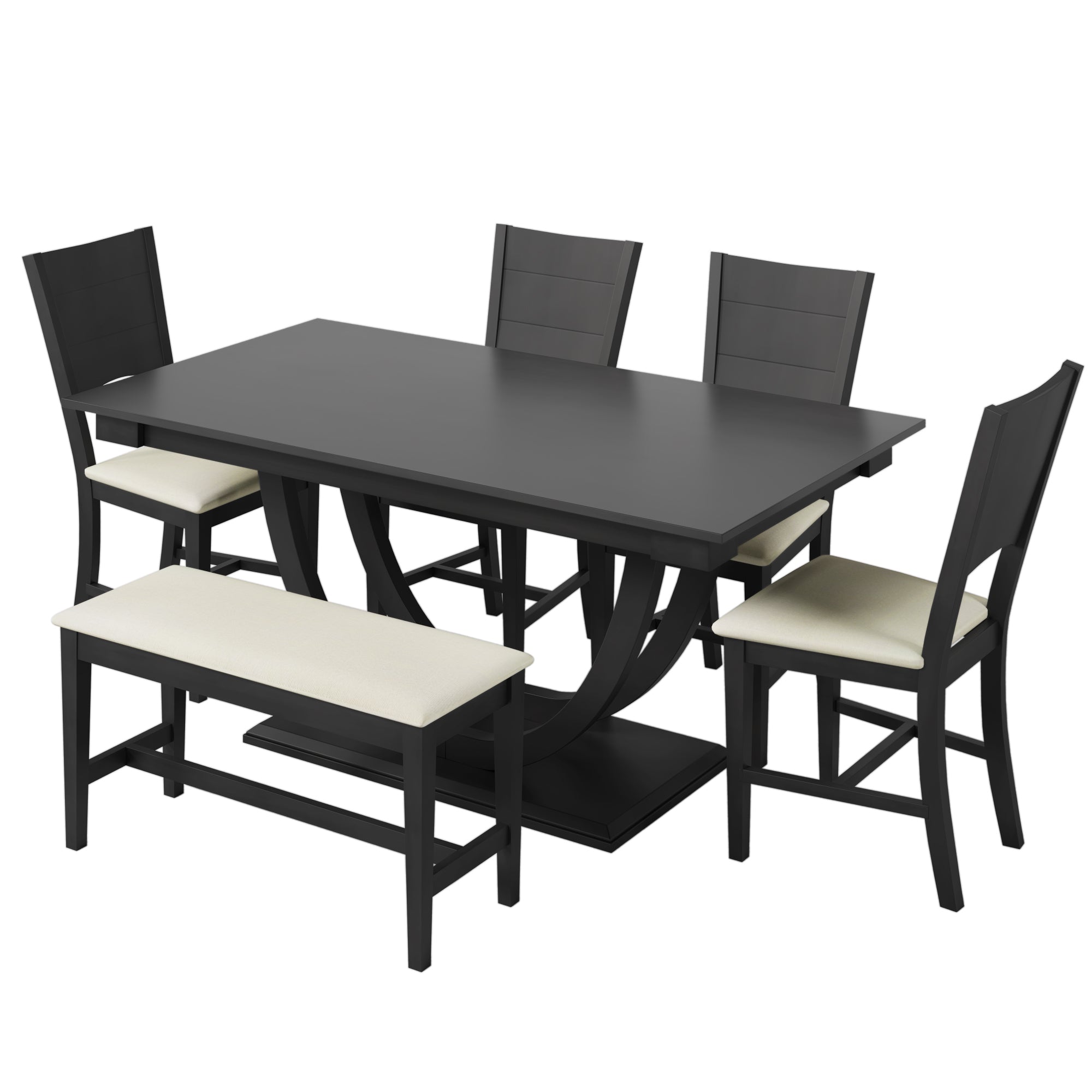 6-Piece Wood Half Round Dining Table Set with Long Bench and 4 Dining Chairs - Grey