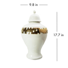 18"H White Ginger Jar with Gold Ornament