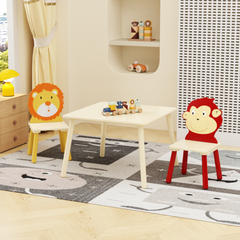 Kids Table and 2 Chairs Set, 3 Pieces Toddler Table and Chair Set, Wooden Activity Play Table Set (Lion & Monkey)