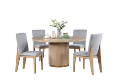 Caspian 5 Piece 59" Round Oak Finish Dining Table Set with Grey Chairs