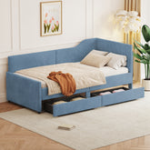 Twin Size L-Shaped Corduroy Daybed,Upholstered Bed Frame with 2 Storage Drawers,Blue