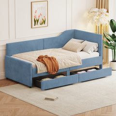 Twin Size L-Shaped Corduroy Daybed,Upholstered Bed Frame with 2 Storage Drawers,Blue