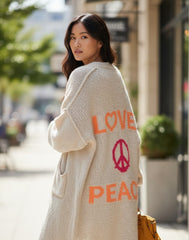 Cozy Women's Love Peace Graphic Oversized Cardigan Sweater Long Sleeve