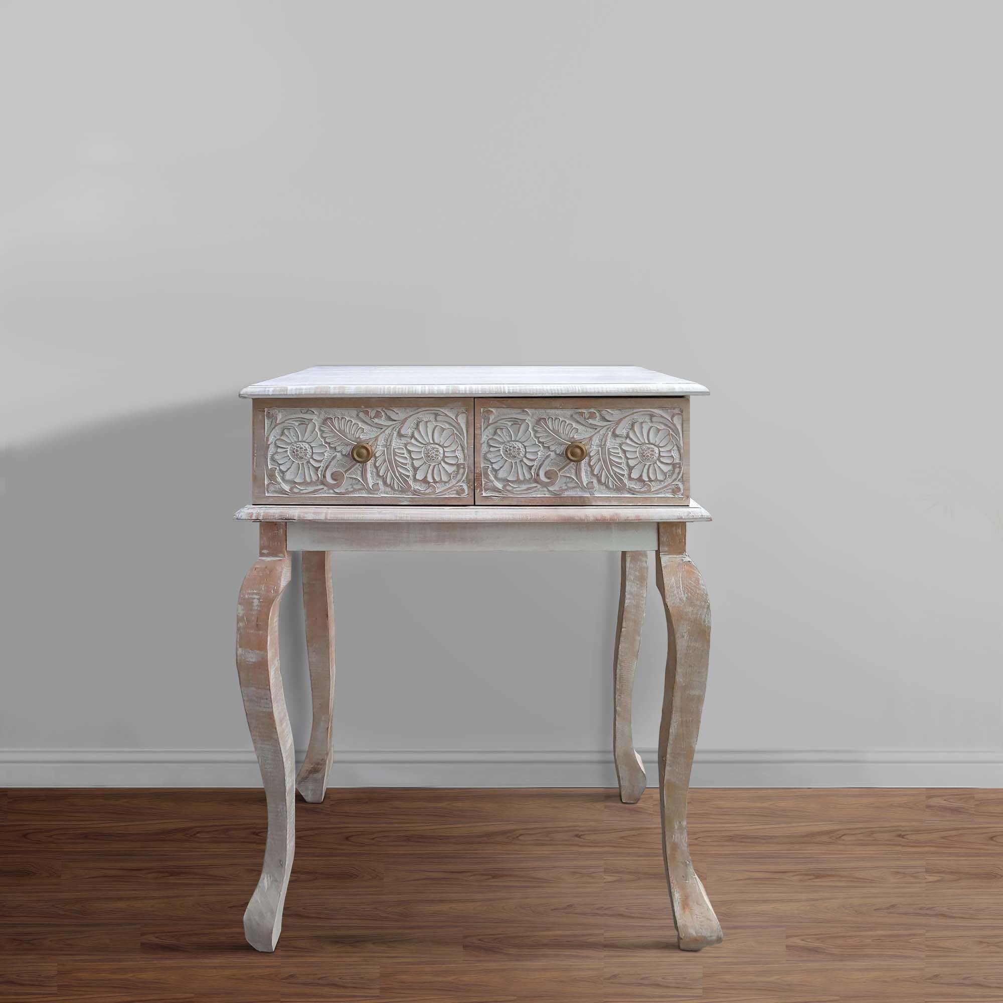 Farmhouse Style 2 Drawer Mango Wood Console Table with Floral Carved Front - Brown and White