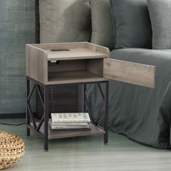 Wood Nightstand, Farmhouse End Table with Charging Station, USB Ports, Cabinet, and Shelf, Sofa Bed Side Table- Rustic Gray (Set of 2)
