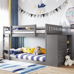Twin over Twin Bunk Bed with 4 Drawers and 3 Shelves - Gray