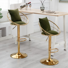 Bar Chair Pure Gold Plated Adjustable Height (Set of 2) - Olive Green Velvet