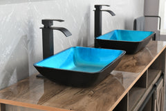 18.125" L -13.0" W -12.0" H Handmade Countertop Glass Rectangular Vessel Bathroom Sink Set - Turquoise Finish with Matte Black Single-Handle Single Hole Faucet and Pop Up Drain
