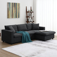 100.4x64.6" Modern Sectional Sofa, L-Shaped Couch Set With 2 Free Pillows, 4-Seat Polyester Fabric Couch Set With Convertible Ottoman - Black